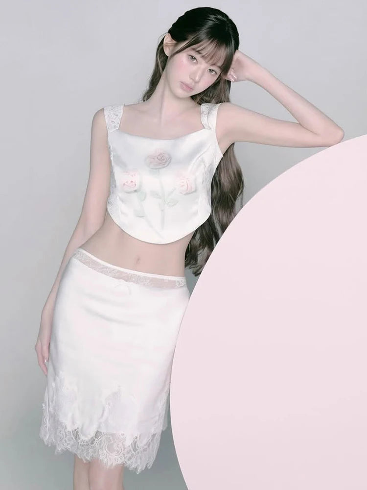 Sweet Patchwork 2-Piece Set Women Floral Print Irregular Hem Camisole+Lace Elastic Waist Skirt Summer Fashion Suit