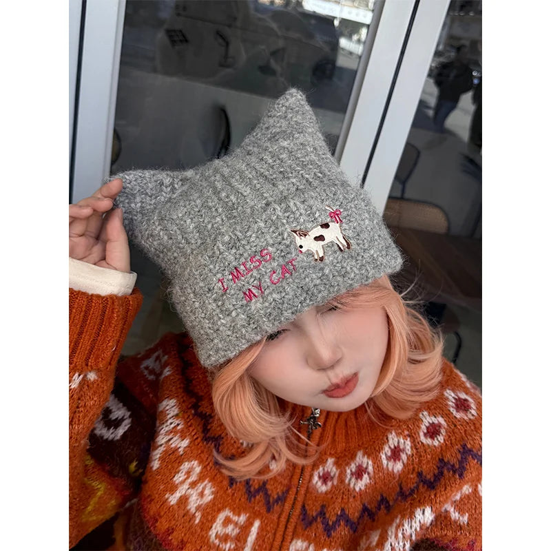 Y2K Cute Solid Kitten Embroidery Cat Ear Beanie For Women