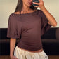 Women Boat Neck Off Shoulder Flutter Short Sleeve Crop Top Back Self Tie Wrap Waist Slim Ruched Y2K Casual Blouse