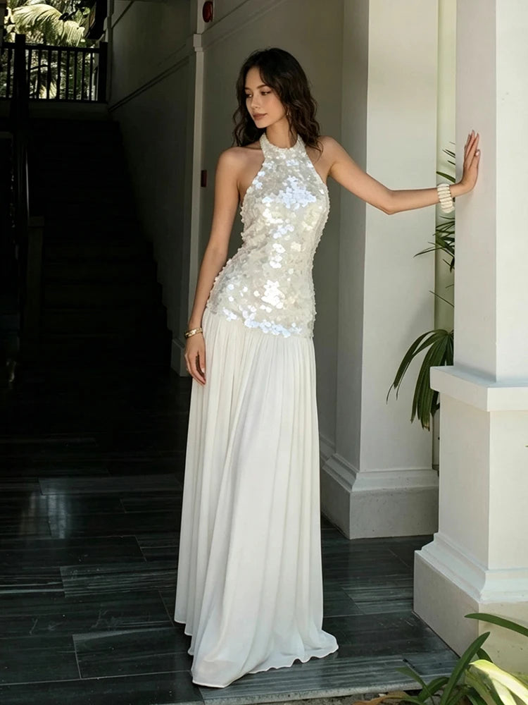 Sequin Maxi Dress Women o-Neck Sleeveless Patchwork Folds Skinny Chic Vacation Summer Wedding Party Fashion Vestidos