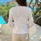 3D Floral Crochet Mesh Top Women Hollow See Through Flare Sleeve Keyhole Rose Button Cropped Knit Blouse Travel Dating