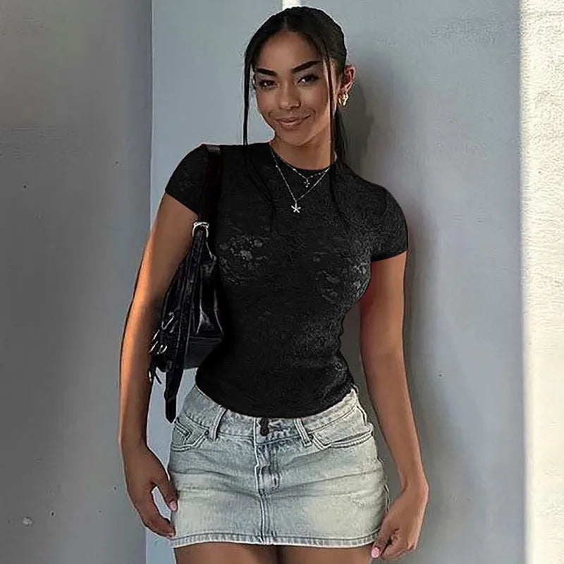 See Through Lace T Shirts Streetwear Sexy Crew Neck Short Sleeve Crop Tops for Women Summer Clothes 2025