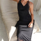 2 Piece Satin Halter Lace Trim Cowl Neck Backless Tops with Mid Length Slip Skirt Set For Women Party Cocktail Nightclub