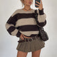 Y2K American Street Women Striped Crew Neck Knit Pullover Loose Long Sleeve Sweater Retro Preppy Fall Winter Jumper