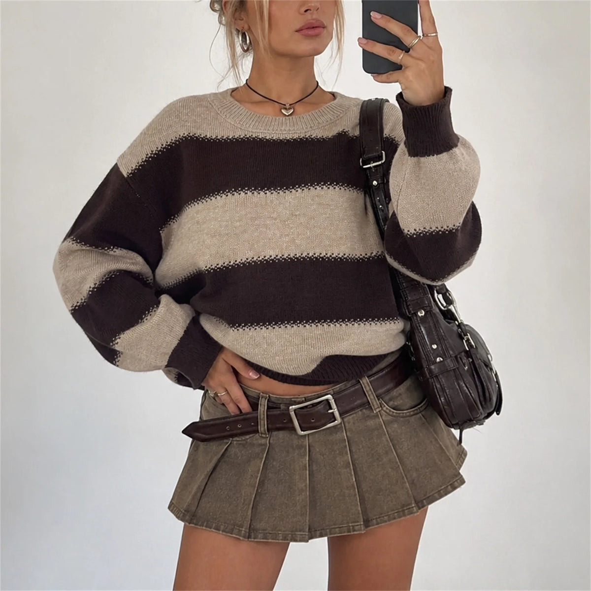 Y2K American Street Women Striped Crew Neck Knit Pullover Loose Long Sleeve Sweater Retro Preppy Fall Winter Jumper
