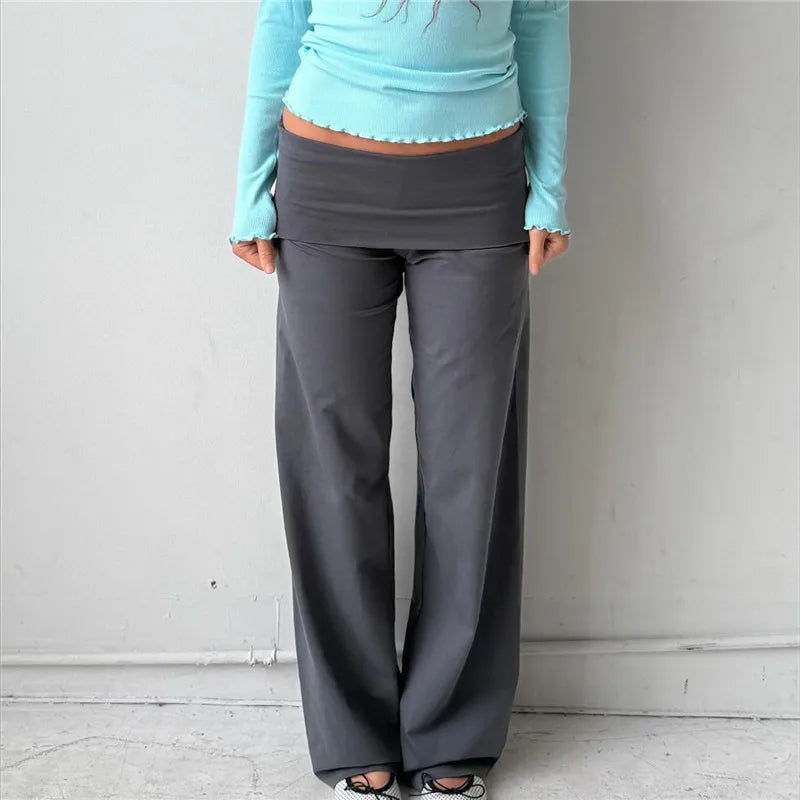 Women Wide Leg Pants Solid Fold Over Waist Casual Trousers Spring Fall Straight Leg Sweatpants Bottoms Y2K Streetwear
