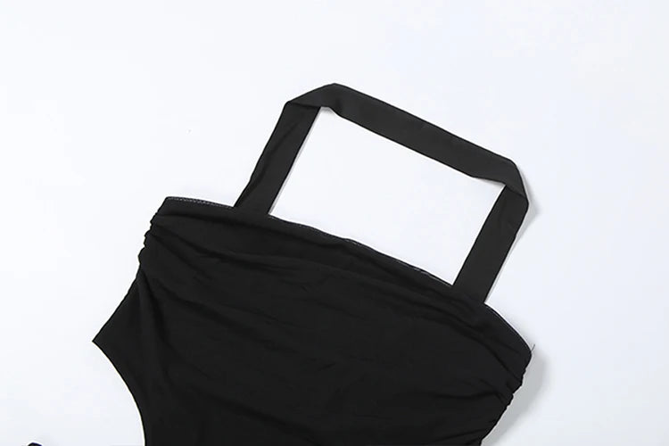 Elegant Dress Woman Off Shoulder Irregular Halter Backless Waistless Mesh Patchwork Ruffles Decoration Skinny Bodycon