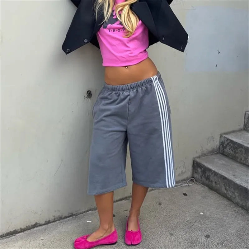 Elastic Drawstring Waist Side Stripes Cropped Seven Pants Women Loose Wide Leg Sweat Jogger Casual Street Bottoms