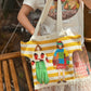 Striped Figure Applique Canvas Tote Bag, 2 Colors Cute Cartoon Character Patch Large Capacity Shoulder Shopping Bag