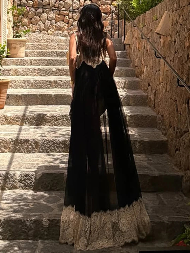 Sexy Jacquard Patchwork Dress Women Fashion See Through Backless Low-Neck Sleeveless Trend Vacation Party Bodyocn