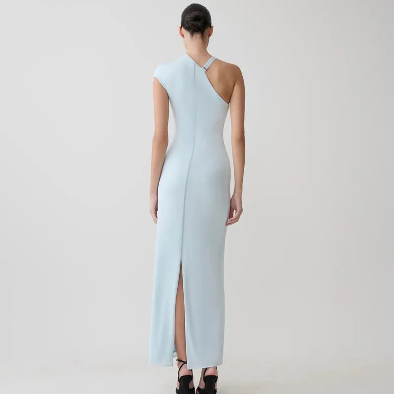 One Shoulder Asymmetric Maxi Dress with Hardware Elegant Black Party Dresses for Woman