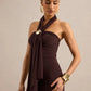 Women Halter Backless Maxi Dress Metal Buckle Decor Draped Sash Ruched Bodycon Long Dress Evening Party Wedding Dress