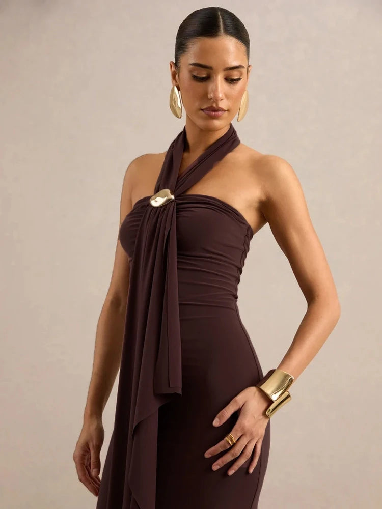 Women Halter Backless Maxi Dress Metal Buckle Decor Draped Sash Ruched Bodycon Long Dress Evening Party Wedding Dress