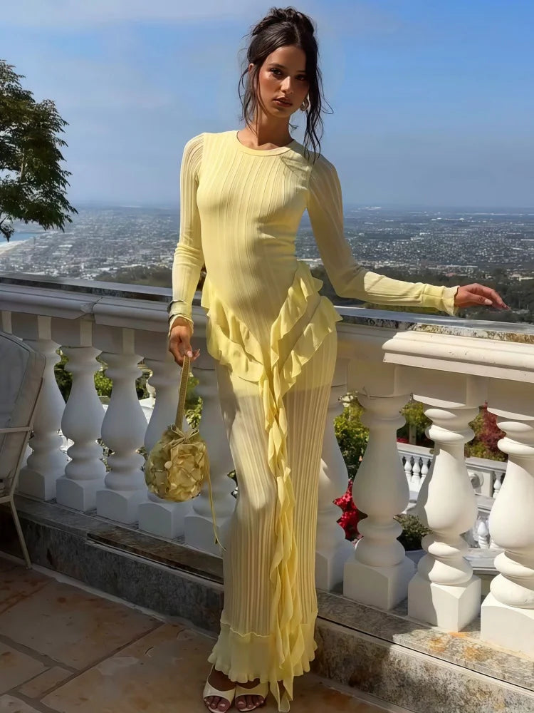 Ruffled Long Sleeve Maxi Dress Elegant Yellow Dresses for Woman Brunch Outfits Winter 2025