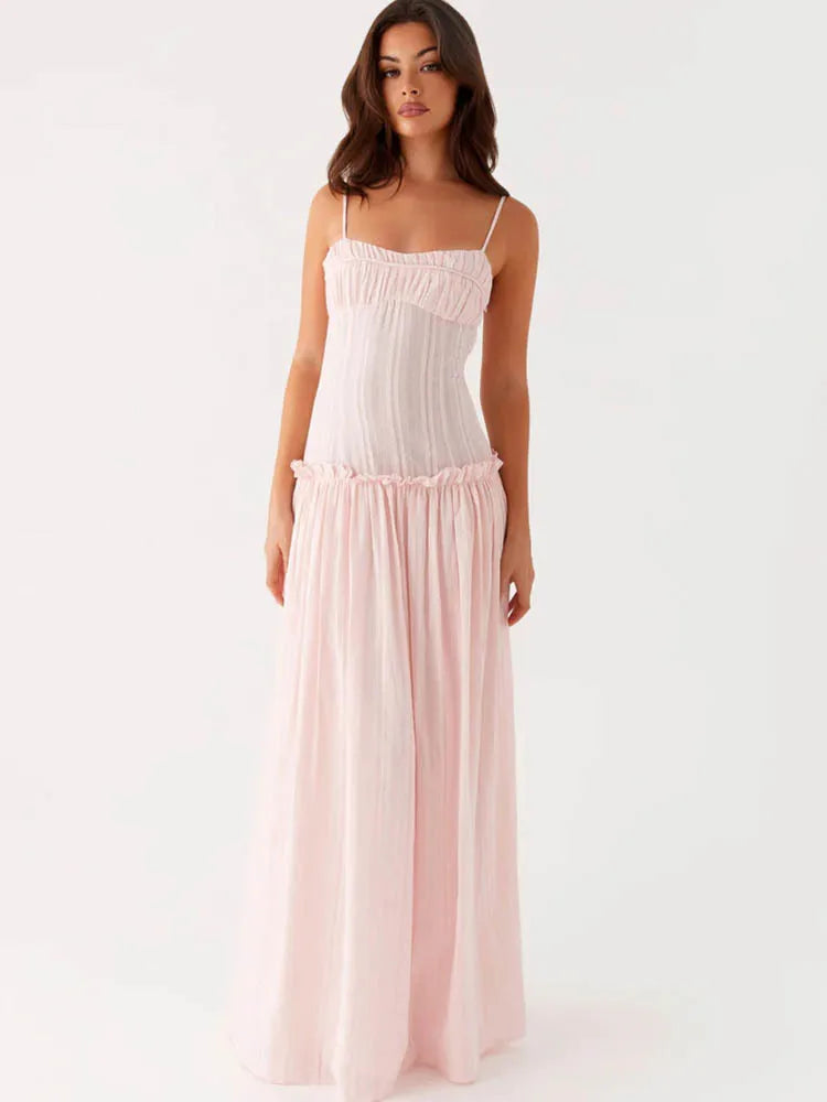 Elegant Spaghetti Strap Sexy Maxi Dress Women Gown Fashion Off-shoulder Sleeveless Backless Pleated Club Long Dresses