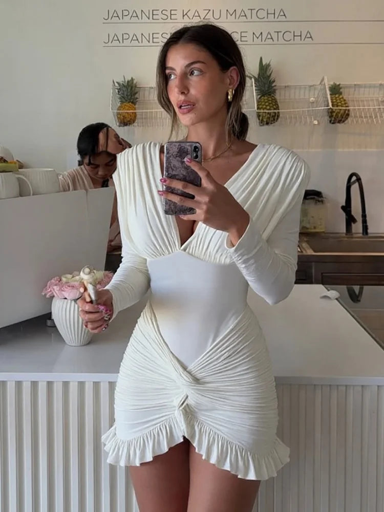 Sexy Deep V Neck Ruched Long Sleeve Dresses Elegant Clothes Woman Fall 2025 White Short Party Dress