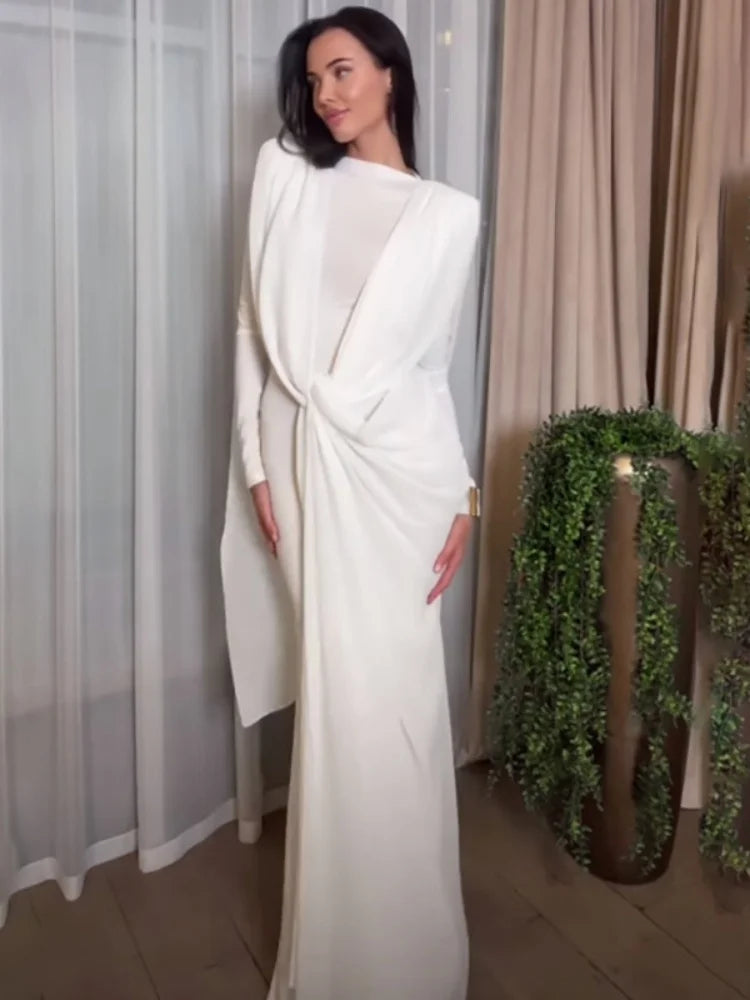 Irregular Mesh Ribbon Design Maxi Dresses Long Sleeve White Black Party Dress Elegant Luxury Evening Gown