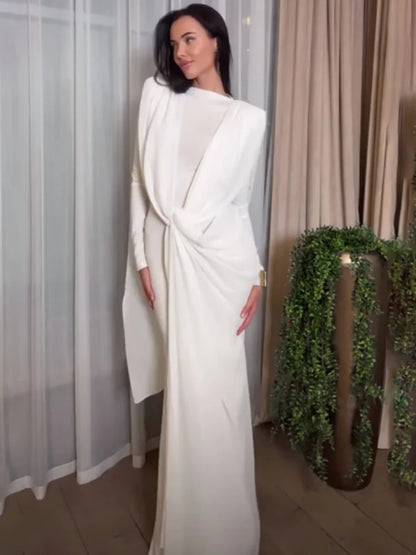 Irregular Mesh Ribbon Design Maxi Dresses Long Sleeve White Black Party Dress Elegant Luxury Evening Gown