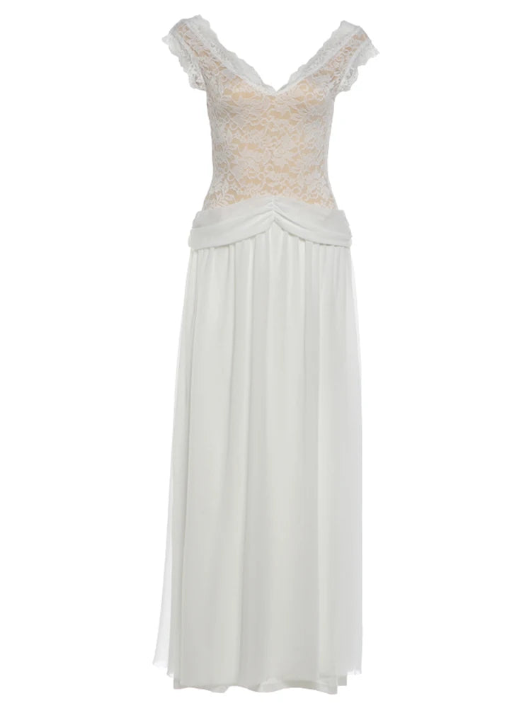 Patchwork Jacquard Mesh Maxi Dress Women v-Neck Folds Sleeveless Skinny Elegant Wedding Party Chic Vacation Vestidos