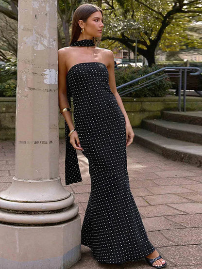 Polka Dot Strapless Sexy Maxi Dress Women Gown Elegant Scarf Collar Off-shoulder Backless Sleeveless Club Party Dress