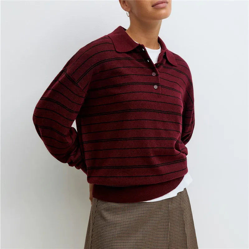Women Knit Oversized Striped Sweater Tops Winter Warm Long Sleeve Turn-down Collar Loose Fit Tops Y2K Streetwear