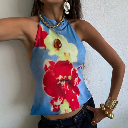 Boho Graphic Print Backless Camis Women Y2k Halter Tank Top Vintage Sleeveless Tie Up Crop Top Summer Vest Streetwear