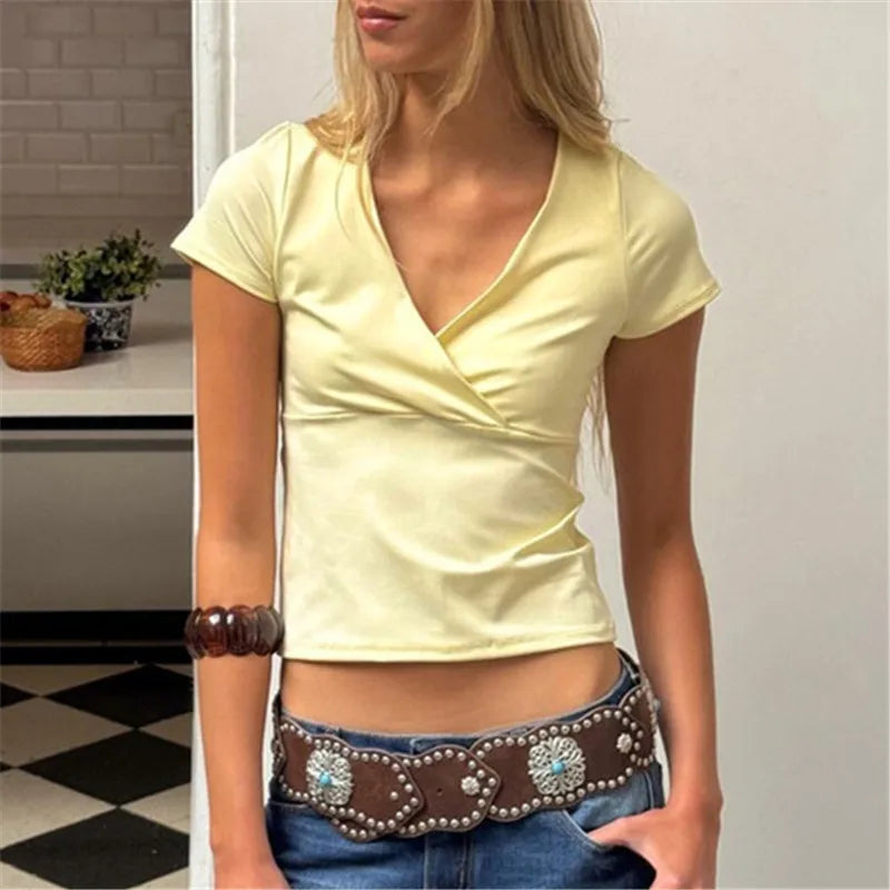 Solid Color Wrap V Neck Short Sleeve Crop T Shirt Women Stretchy Slim Waist Ruched Cropped Top Casual Summer Basic Tee