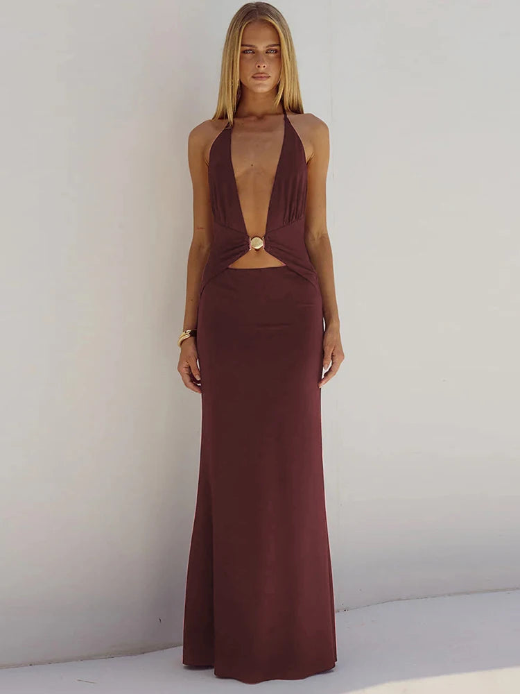 Seashells Decorative Dress Women Halter Deep V-Neck Backless Sleeveless Vacation Fashion Beach Party Long Bodycon