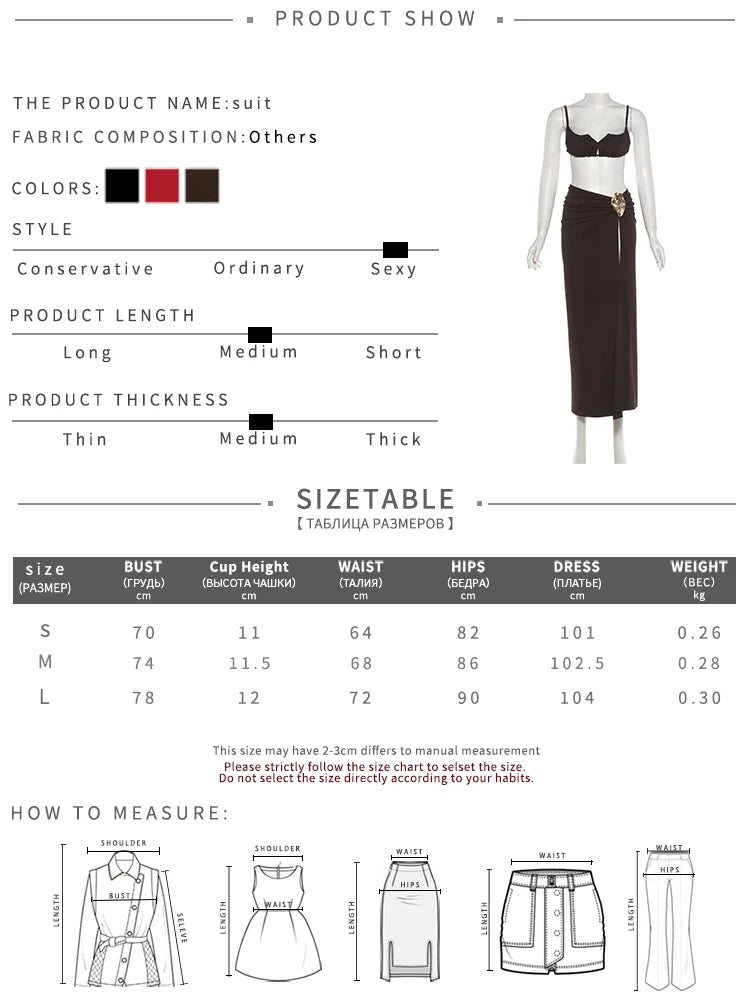 Beach Party 2-Piece Set Women Low-Neck Backless Bra+Metal Decoration High Side Slit Folds Skirt Sexy Summer Suit