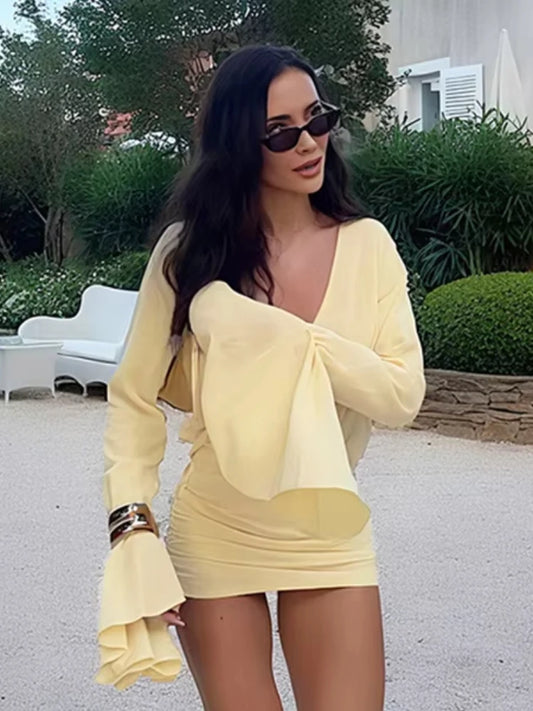 Chic Patchwork Sashes Dress Women Ruched Elegant Thin Flare Sleeve Cross v-Neck Solid Irregular Simple Trend Mini Bodycon