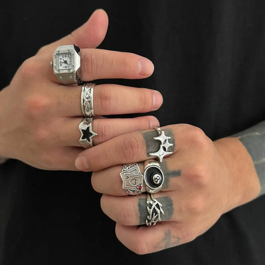 Goth Hip-hop Silver Color Star Clock Finger Rings Men Vintage Punk Irregular Stacking Alloy Ring Couple Jewelry Accessory