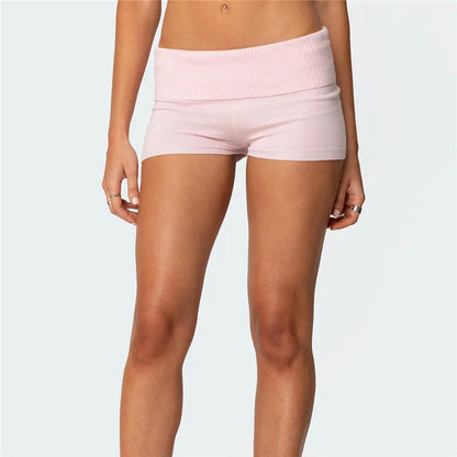 Women Summer Knit Shorts Casual Solid Color Fold Over Elastic Waist Short Pants for Vacation Beach Club Streetwear