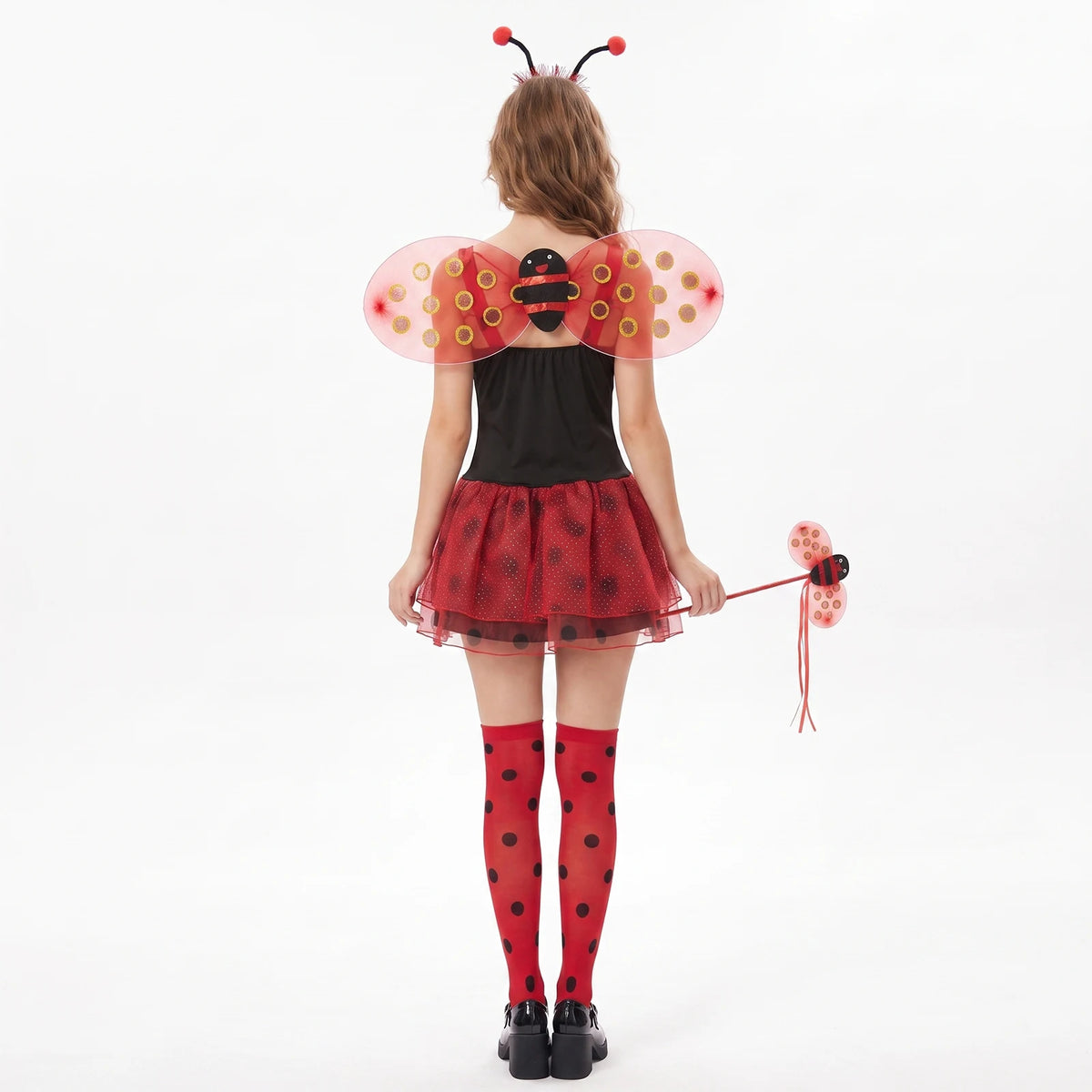 Womens Ladybug Halloween Costume Polka Dot Tutu Dress With Wings Antenna Wand Socks Lady Beetle Cosplay Party Outfit