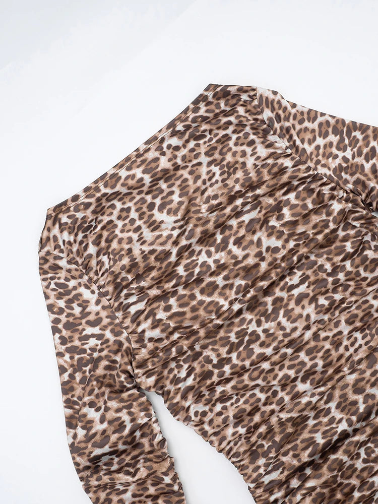 Leopard Print Romper Women Slash Neck Ruched Full Sleeve Elastic Workout Activewear Midnight Trend Club Playsuits