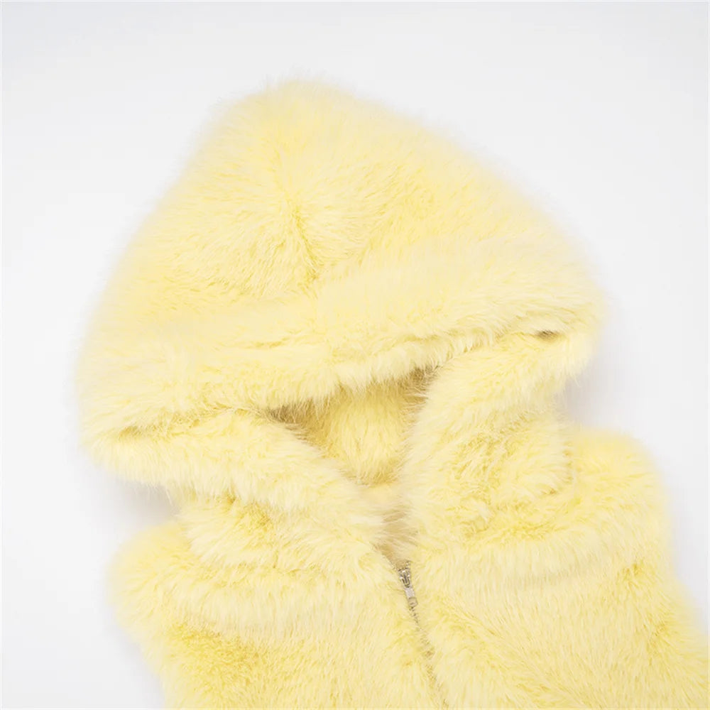 Sexy Furry Tank Tops Women Chic Hooded Zip Autumn Trend Cardigan Midnight Basic Street Party Club Furs Hipster Vest