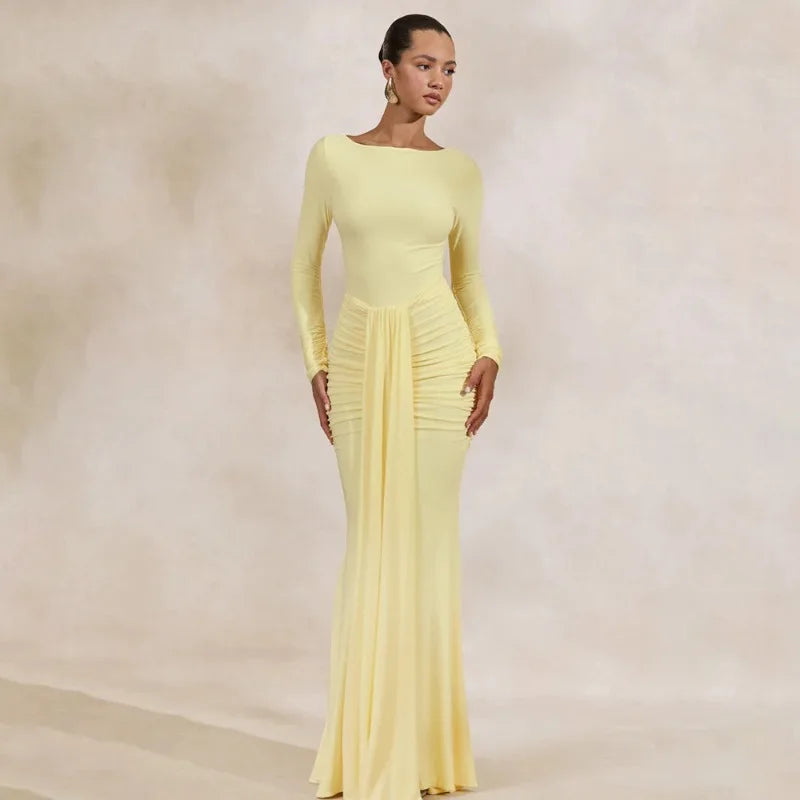 Long Sleeve Draped Front Maxi Dress 2026 Evening Gown White Classy Dresses for Woman Elegant Fall Clothing