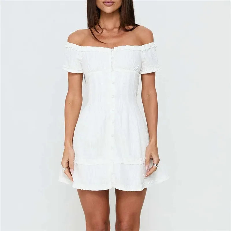 Y2K Aesthetic Off Shoulder Frill Mini Dress Women Textured Fabric Front Buttons Back Bow Slim Party Vacation Sundress
