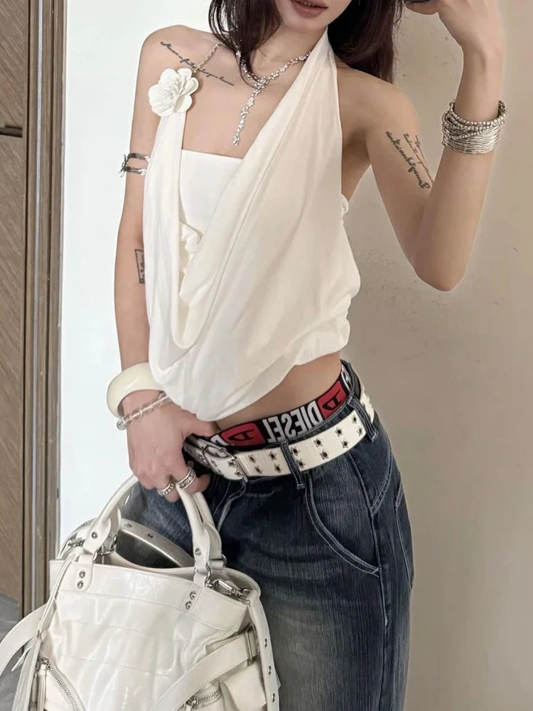 Y2K Chic Tube Top+Swing Collar Vest Chain Halter Sexy Backless Sleeveless 3d Flowers Daily Summer Trend Commute Tees