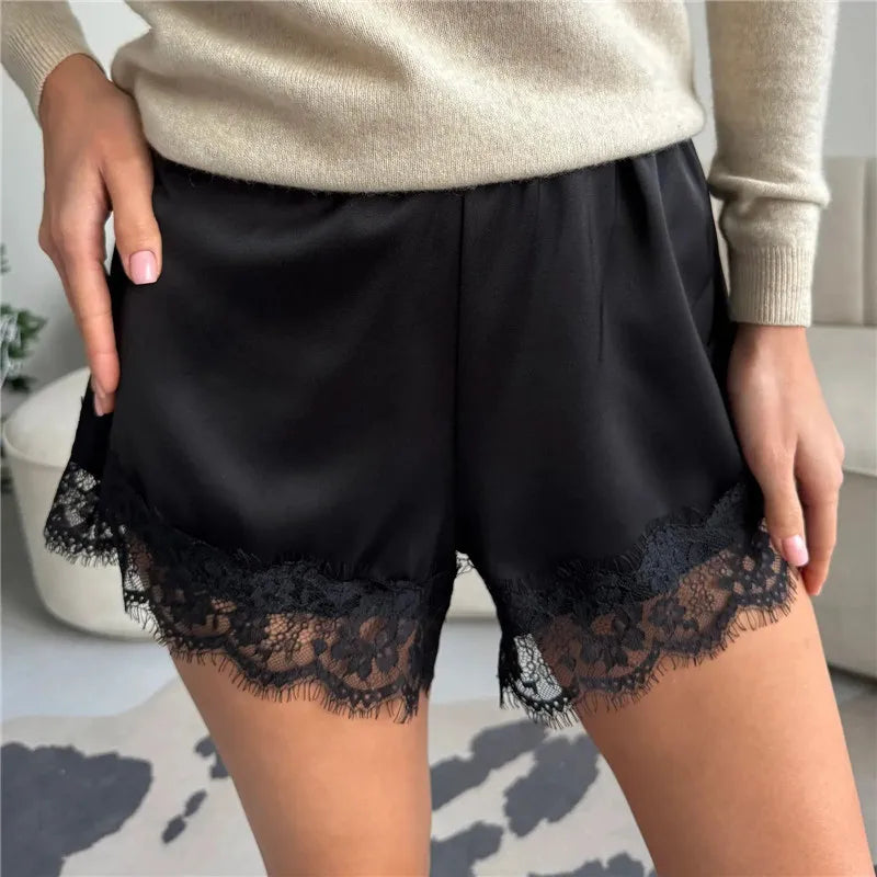 Women Lace Satin Shorts Silk Y2k Elastic Waist Mini Shorts Coquette Aesthetic Boxer Slip Pettipants French Knickers