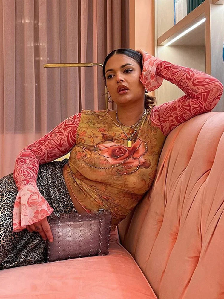 Rhinestones Print Crop Tops Women See Through Sexy Hipster Patchwork Stretch Flare Sleeve Midnight Wild Basic Tees