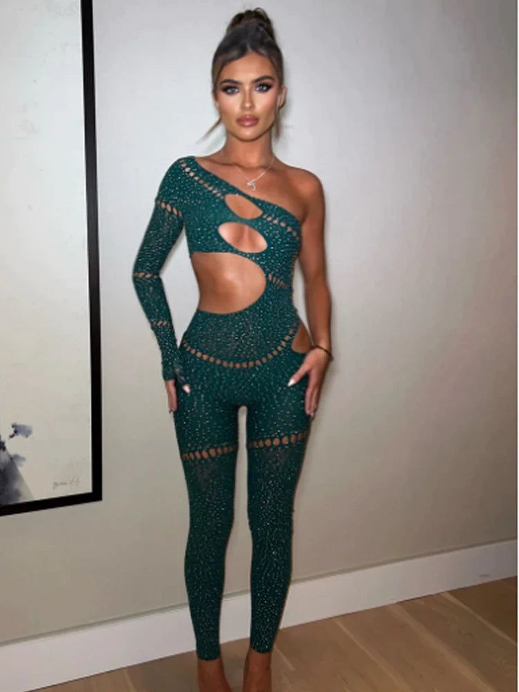 Shine Rhinestones Jumpsuits Women Irregular Hollow Skew Collar Single Sleeve Hottie Sexy Coquettish Clubwear Overalls