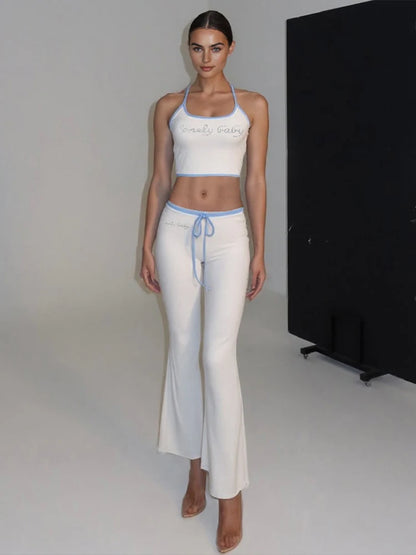 Letter Print 2 Piece Set Women Halter Bandage Crop Tops+Drawstring Stretch Flare Pants Vacation Casual Simple Suits