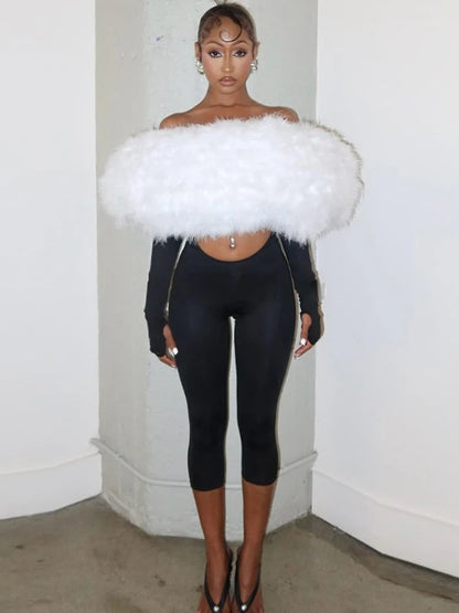 Furry Slash Neck Jumpsuit Woman Sexy Hollow Patchwork Full Sleeve Backless Skinny Hottie Street Autumn New Overalls
