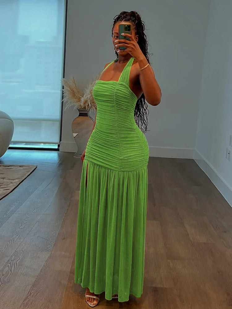 Ruched Halter Dress Women Summer Trend Sleeveless Backless Patchwork Mesh Hem Midnight Clubwear Party Maxi Bodycon