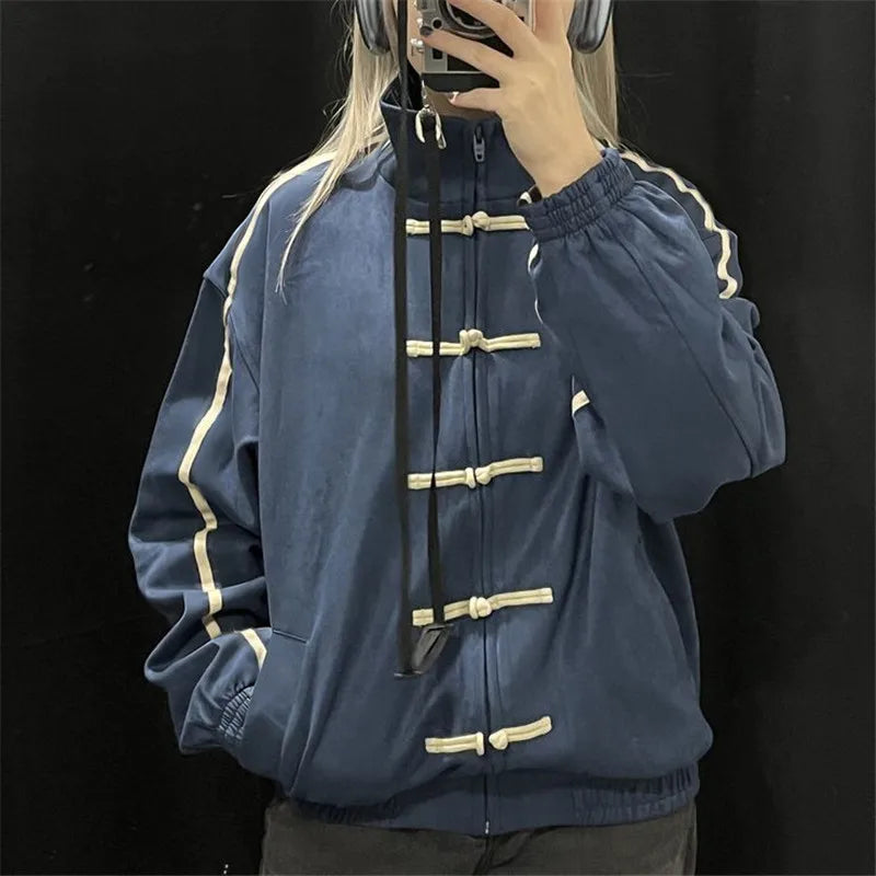 Ladies Stand Collar Zip Up Outerwear Chinese Frog Buttons Side Striped Oversized Loose Suede Jacket Vintage Streetwear