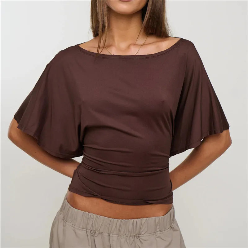 Women Boat Neck Off Shoulder Flutter Short Sleeve Crop Top Back Self Tie Wrap Waist Slim Ruched Y2K Casual Blouse