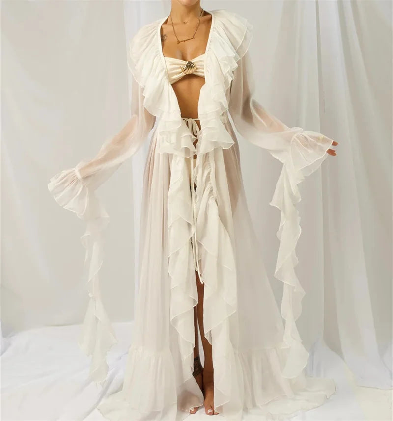 Women Sheer Chiffon Ruffle Trim Long Sleeve Maxi Cover Up Dress Tie Waist Flowy Kimono Robe for Beach Vacation