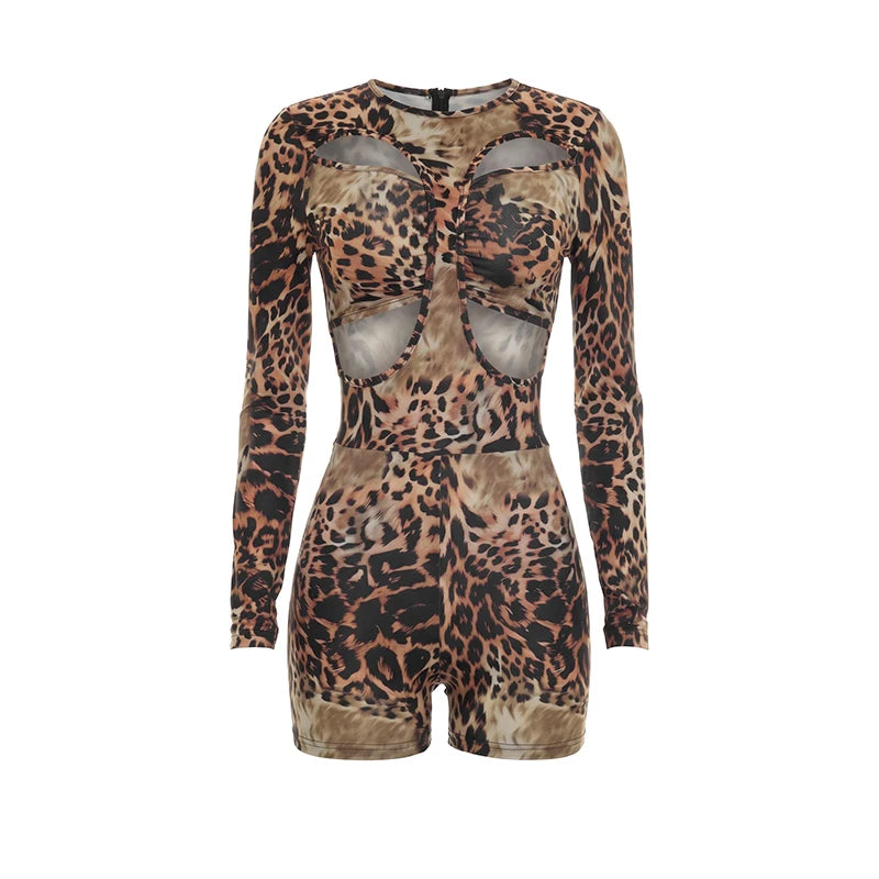 o-Neck Sexy Hollow Leopard Print Fake 2 Piece Design Rompers Woman Autumn Trend Full Sleeve Skinny Peach Hip Playsuit