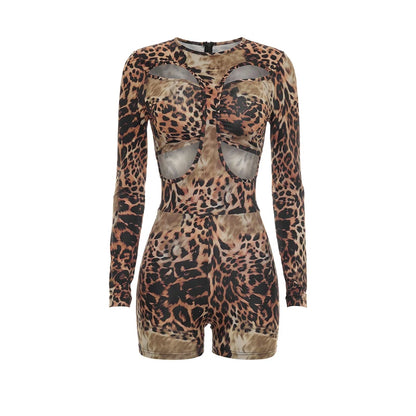 o-Neck Sexy Hollow Leopard Print Fake 2 Piece Design Rompers Woman Autumn Trend Full Sleeve Skinny Peach Hip Playsuit