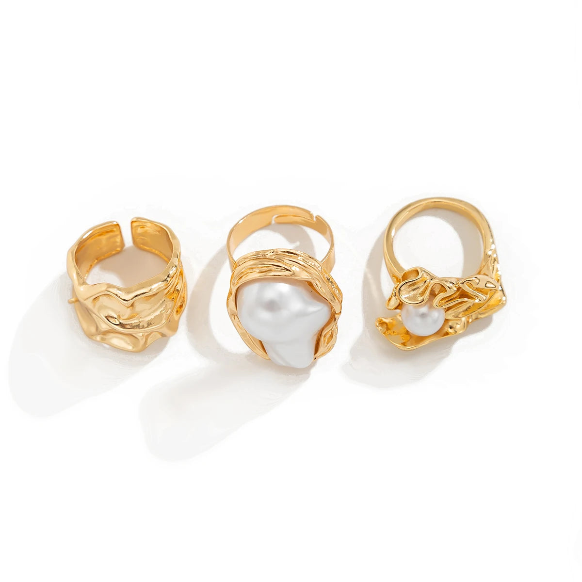 3Pcs/Set Vintage Irregular Imitation Pearl Rings for Women Wed Bridal Elegant Adjustable Rings Engagement Party Jewelry